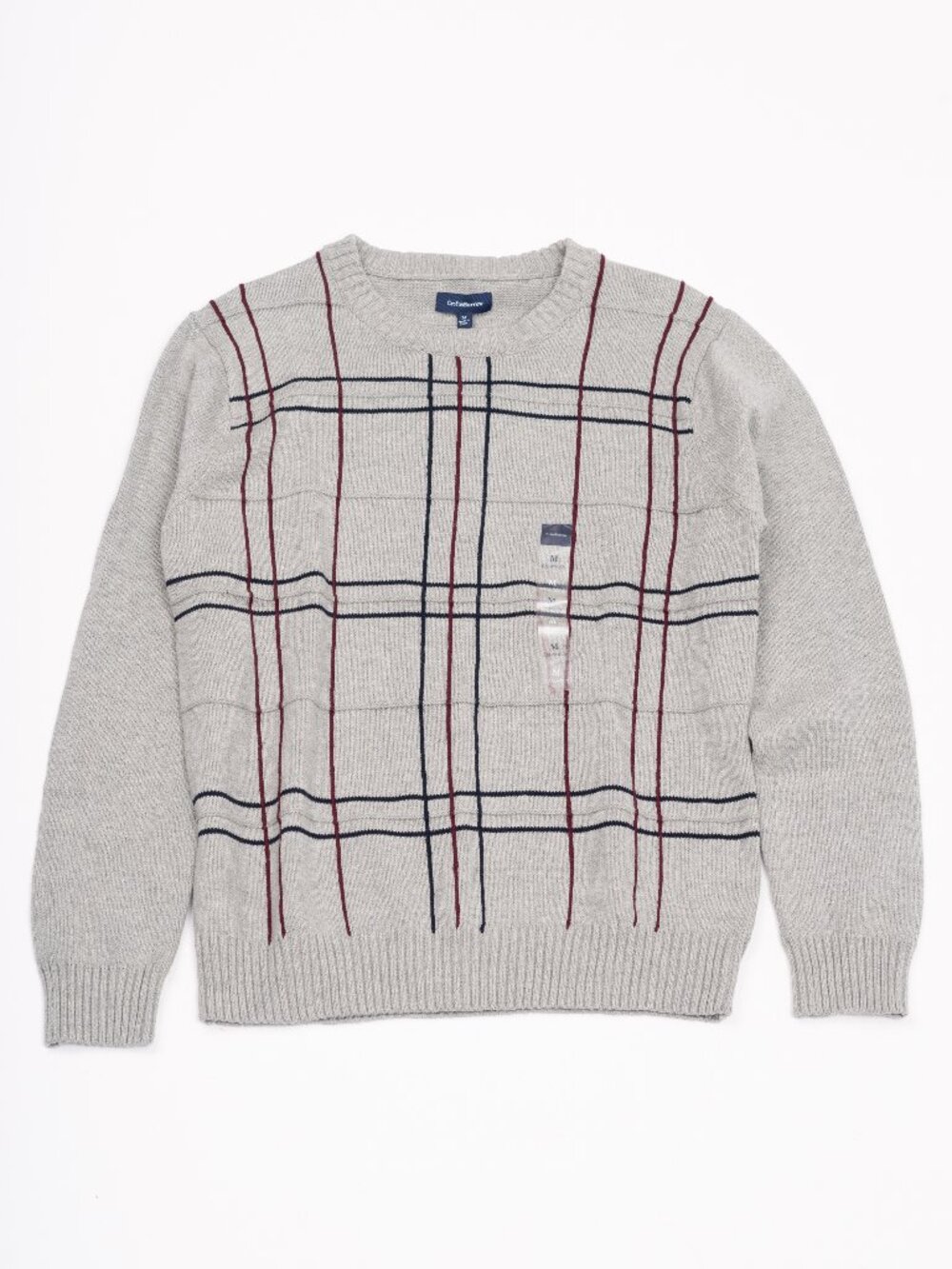 NWT Croft & Barrow Men's Plaid Grid Knit Crewneck Sweater Light Grey Burgundy M